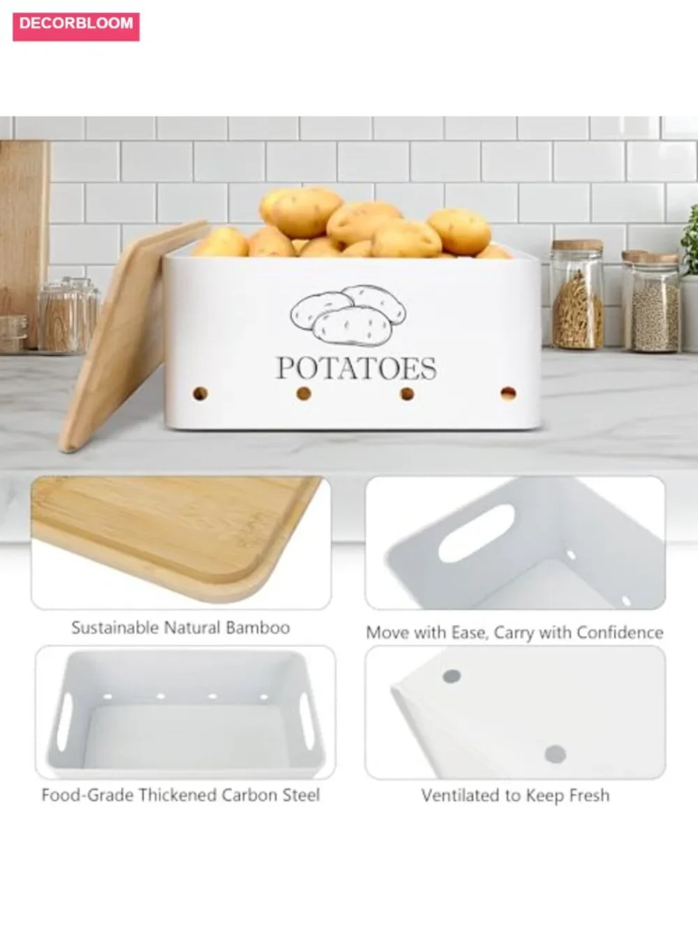 Metal Potato Onion Garlic Storage Set of 3 with Bamboo Lids
